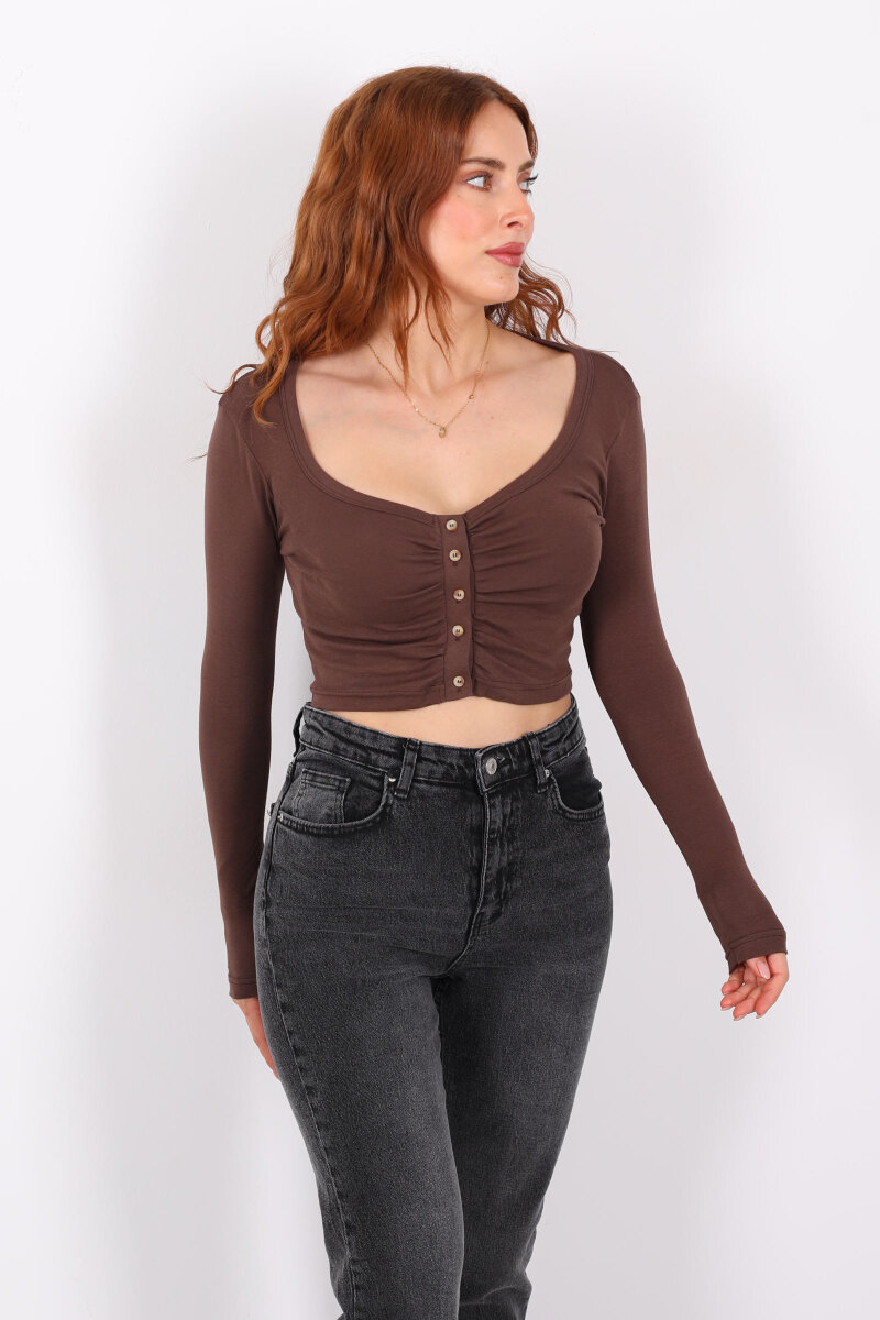 Havuz Yaka Kahverengi Kadın Düğmeli Bluz - 3
