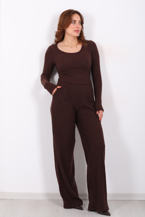 Havuz Yaka Kendinden Fitilli Acı Kahve Kadın Pantolon Takım - 7