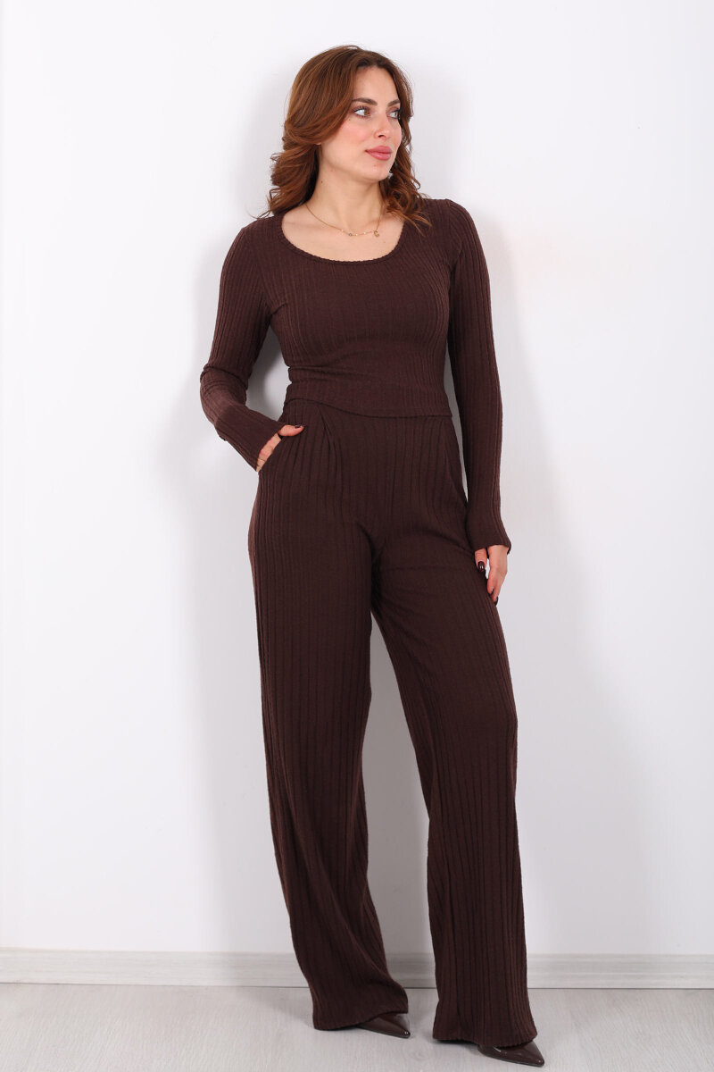 Havuz Yaka Kendinden Fitilli Acı Kahve Kadın Pantolon Takım - 7