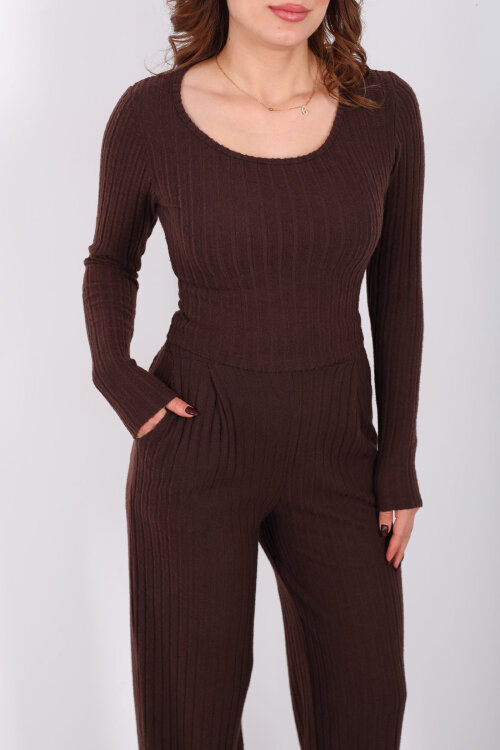 Havuz Yaka Kendinden Fitilli Acı Kahve Kadın Pantolon Takım - Berox (1)