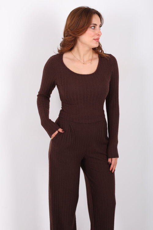 Havuz Yaka Kendinden Fitilli Acı Kahve Kadın Pantolon Takım - 4