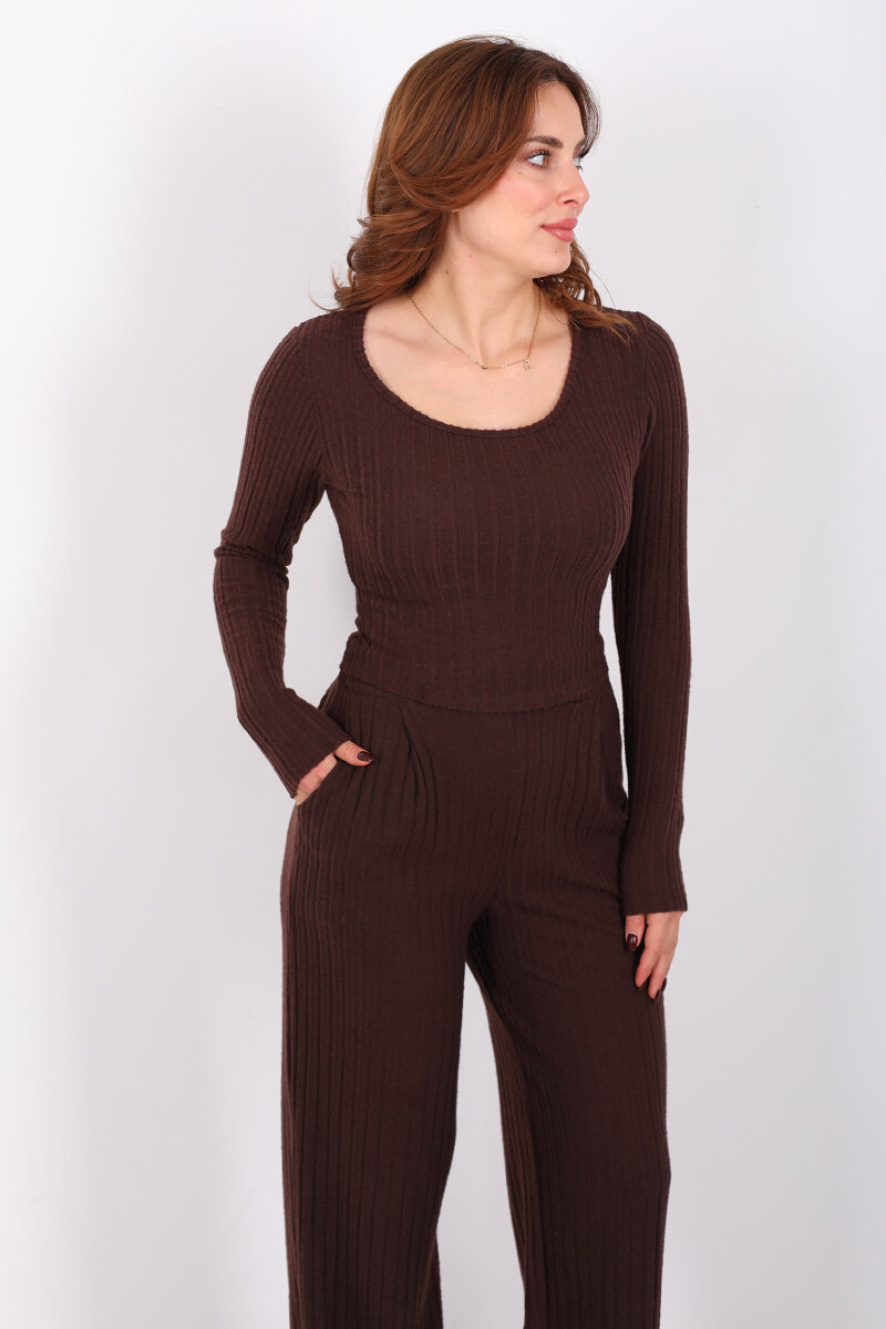 Havuz Yaka Kendinden Fitilli Acı Kahve Kadın Pantolon Takım - 4