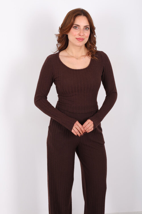 Havuz Yaka Kendinden Fitilli Acı Kahve Kadın Pantolon Takım - Berox