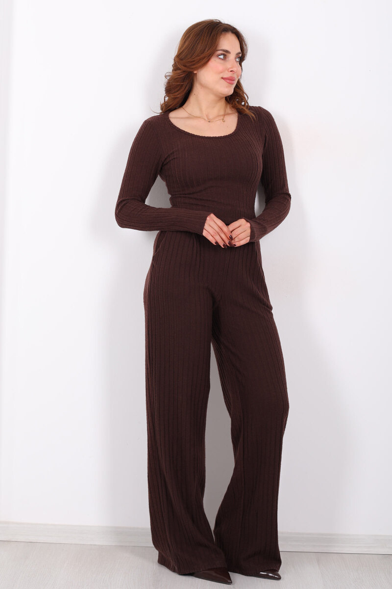 Havuz Yaka Kendinden Fitilli Acı Kahve Kadın Pantolon Takım - 5