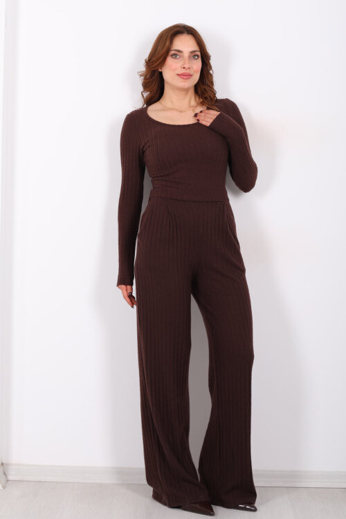 Havuz Yaka Kendinden Fitilli Acı Kahve Kadın Pantolon Takım - 3