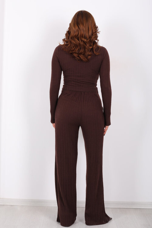Havuz Yaka Kendinden Fitilli Acı Kahve Kadın Pantolon Takım - 6