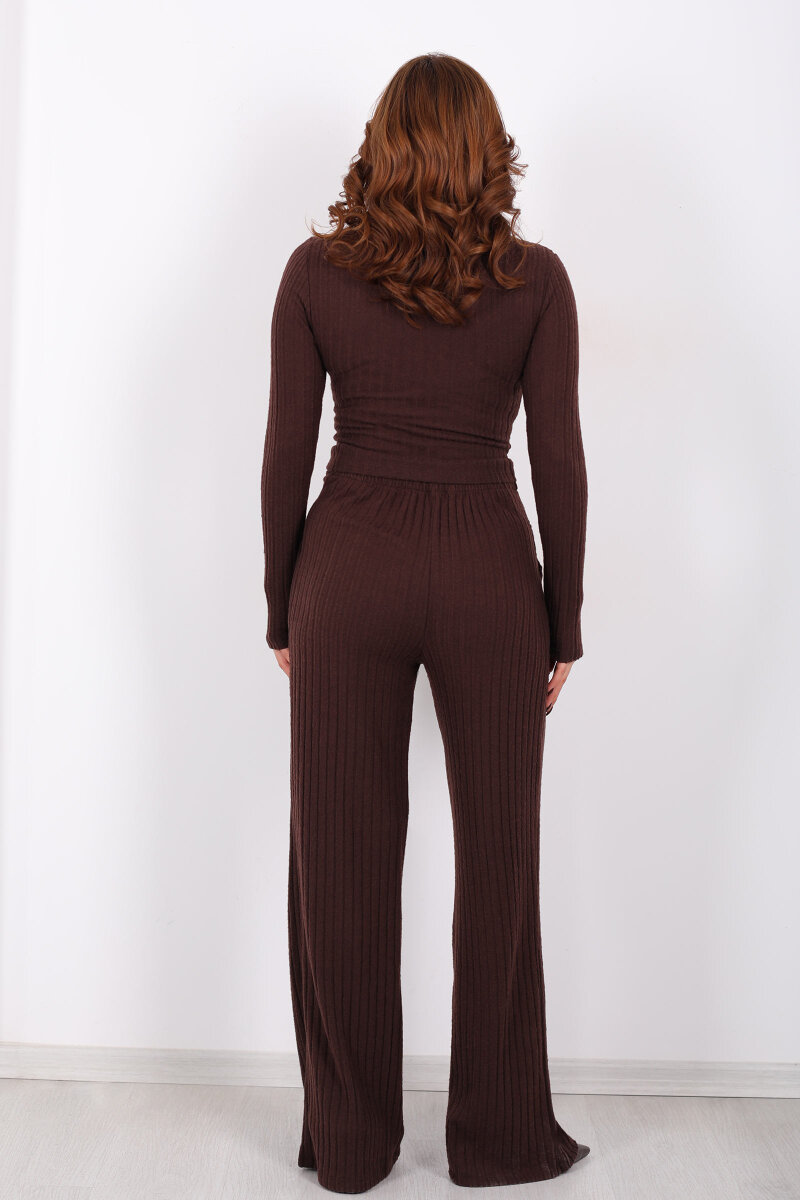 Havuz Yaka Kendinden Fitilli Acı Kahve Kadın Pantolon Takım - 6