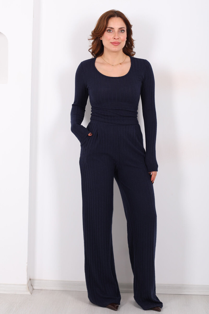 Havuz Yaka Kendinden Fitilli Lacivert Kadın Pantolon Takım - 1