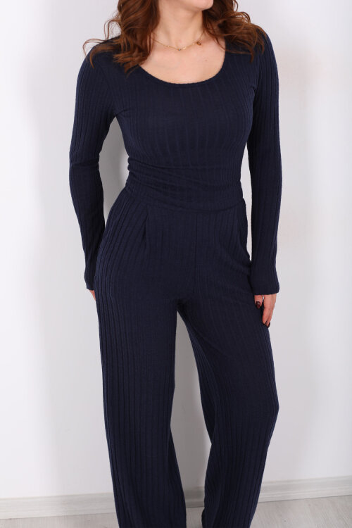 Havuz Yaka Kendinden Fitilli Lacivert Kadın Pantolon Takım - Berox (1)