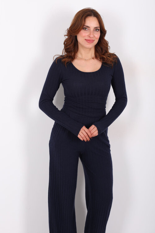 Havuz Yaka Kendinden Fitilli Lacivert Kadın Pantolon Takım - 3