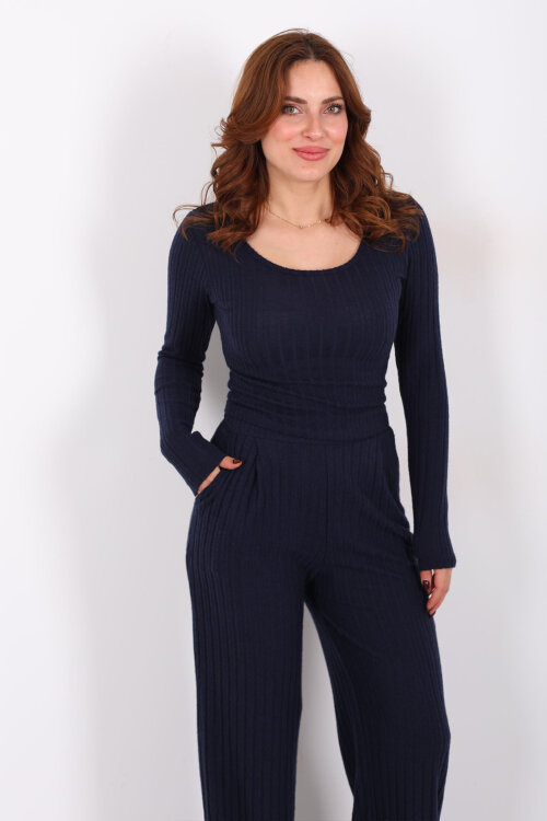 Havuz Yaka Kendinden Fitilli Lacivert Kadın Pantolon Takım - 5