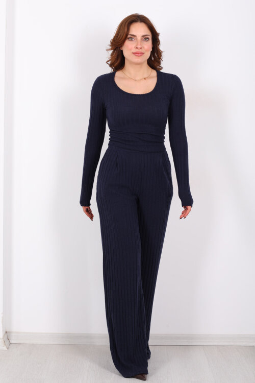 Havuz Yaka Kendinden Fitilli Lacivert Kadın Pantolon Takım - 4