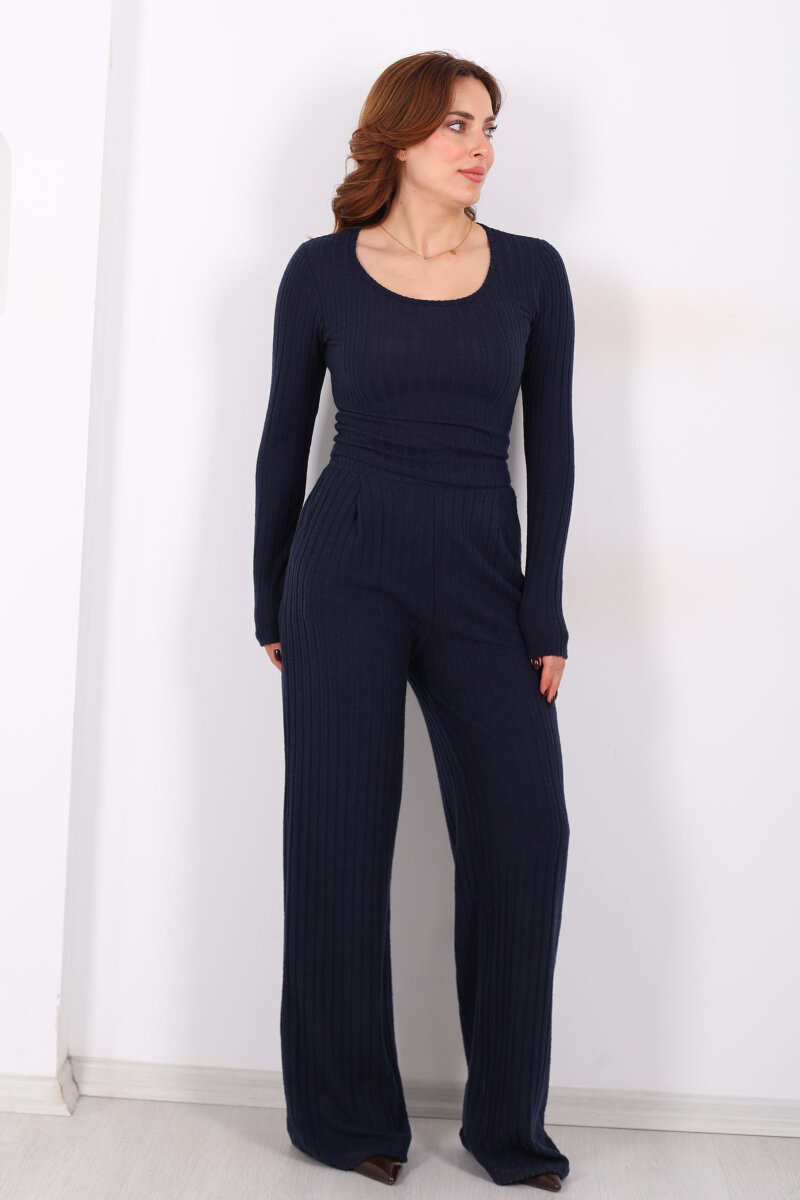 Havuz Yaka Kendinden Fitilli Lacivert Kadın Pantolon Takım - 7