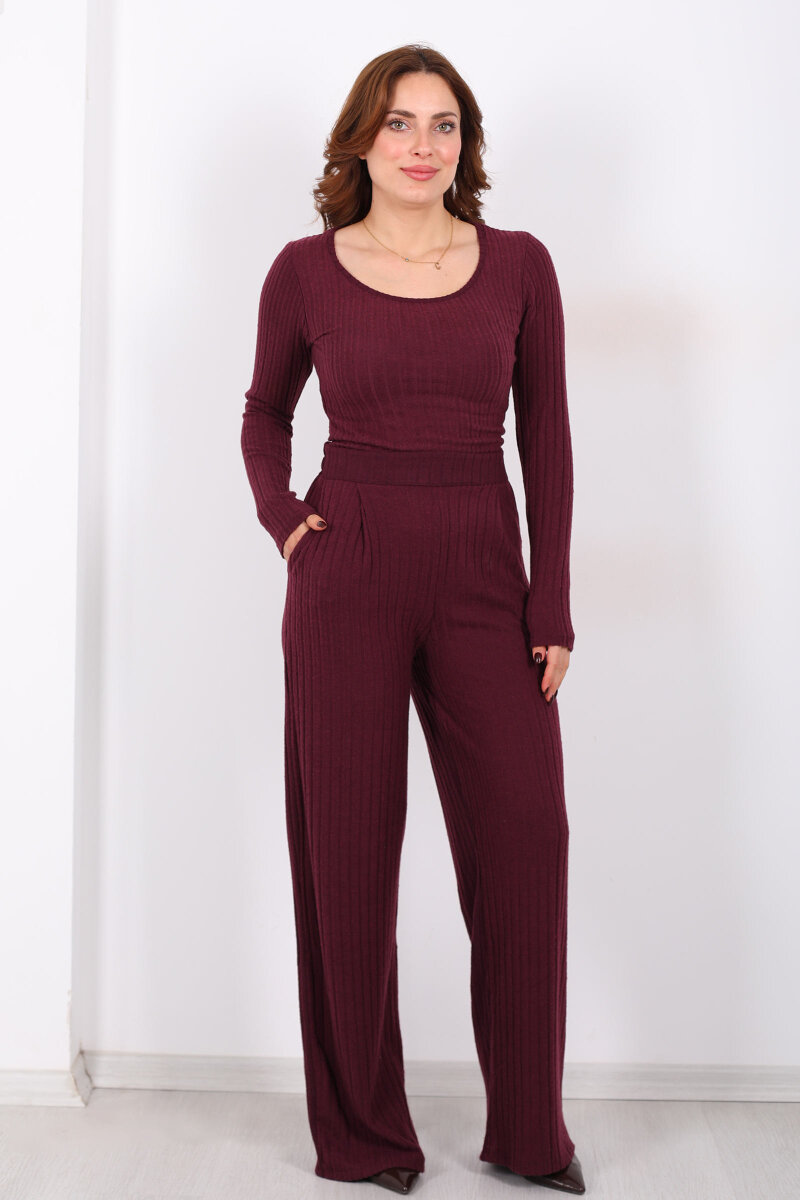 Havuz Yaka Kendinden Fitilli Mürdüm Kadın Pantolon Takım - 5