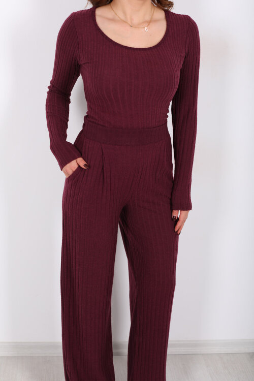 Havuz Yaka Kendinden Fitilli Mürdüm Kadın Pantolon Takım - Berox (1)