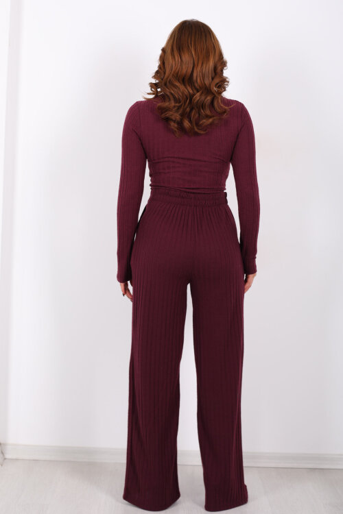 Havuz Yaka Kendinden Fitilli Mürdüm Kadın Pantolon Takım - 6