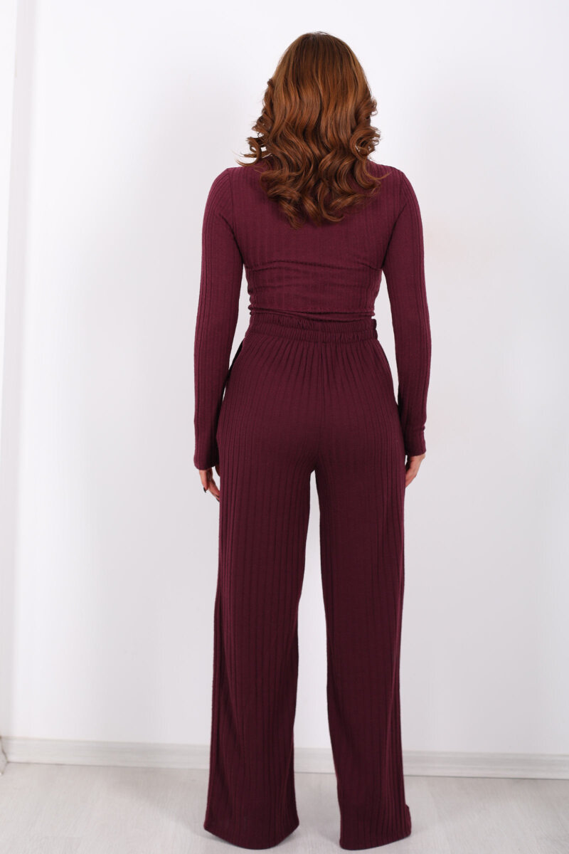 Havuz Yaka Kendinden Fitilli Mürdüm Kadın Pantolon Takım - 6