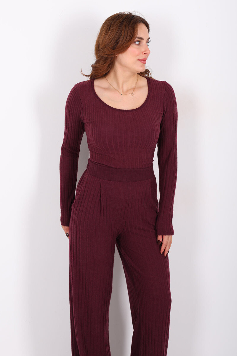 Havuz Yaka Kendinden Fitilli Mürdüm Kadın Pantolon Takım - 4