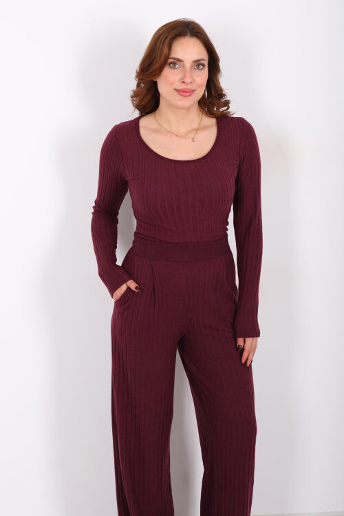 Havuz Yaka Kendinden Fitilli Mürdüm Kadın Pantolon Takım - Berox