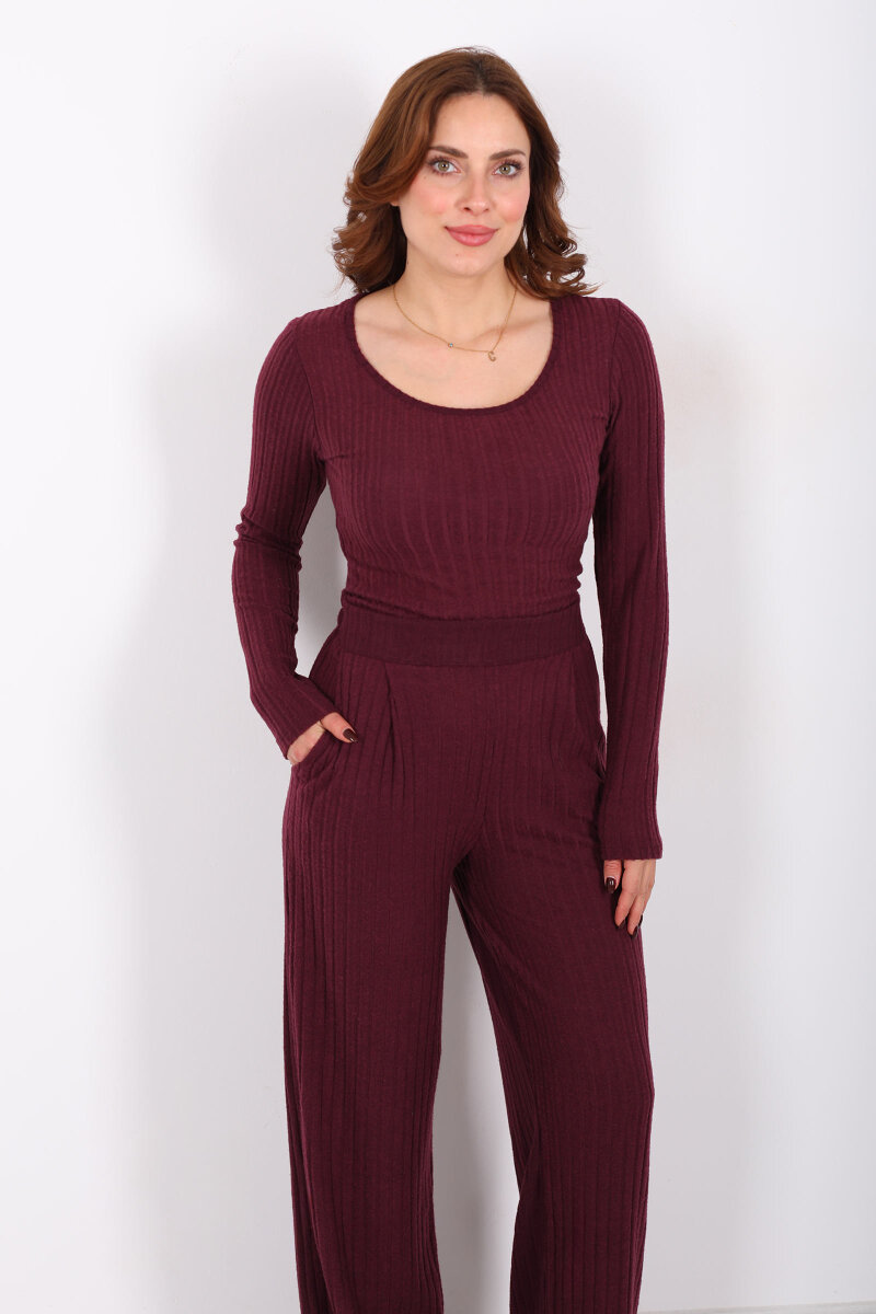 Havuz Yaka Kendinden Fitilli Mürdüm Kadın Pantolon Takım - 1