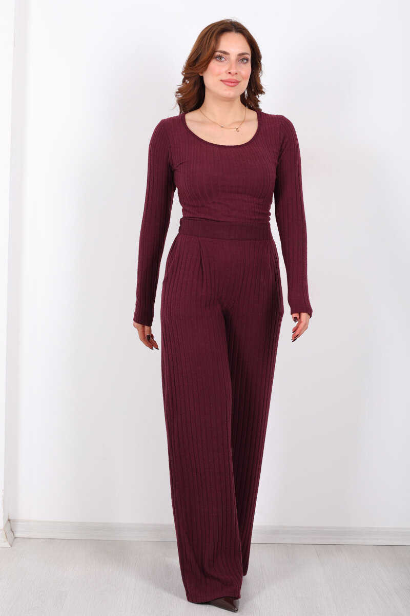 Havuz Yaka Kendinden Fitilli Mürdüm Kadın Pantolon Takım - 3