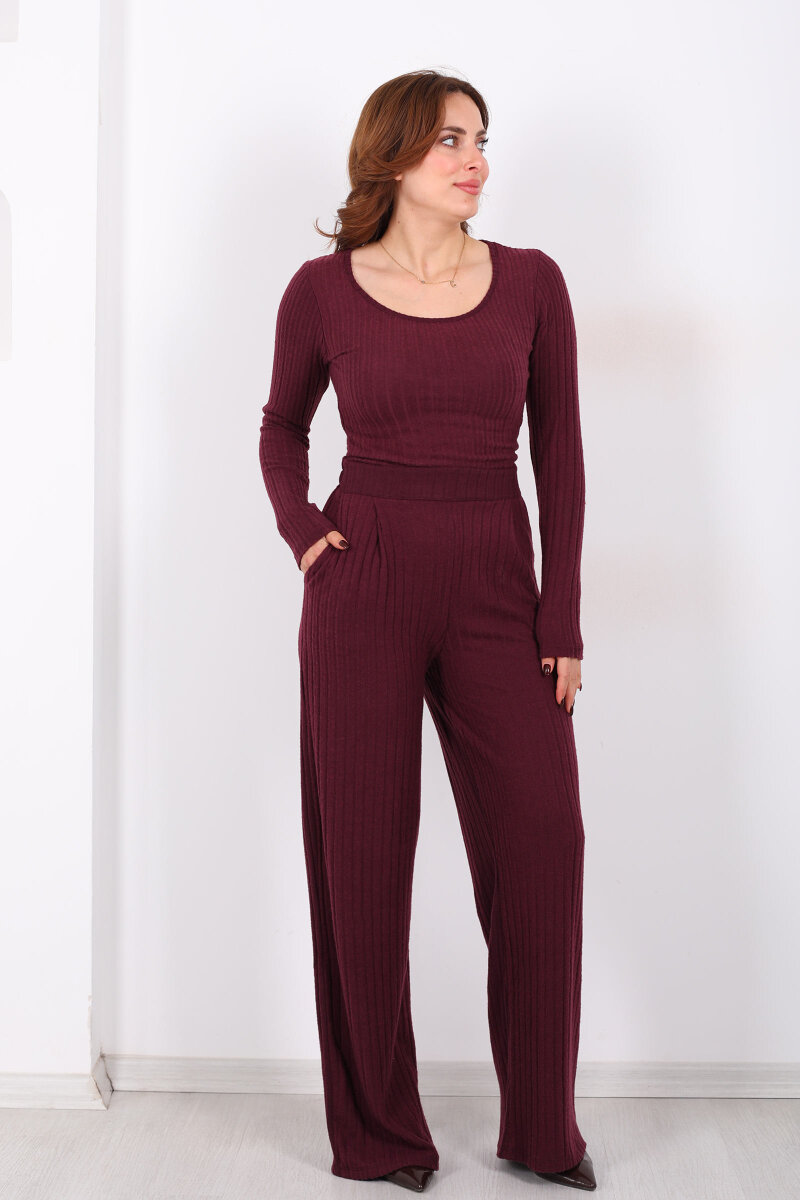 Havuz Yaka Kendinden Fitilli Mürdüm Kadın Pantolon Takım - 7