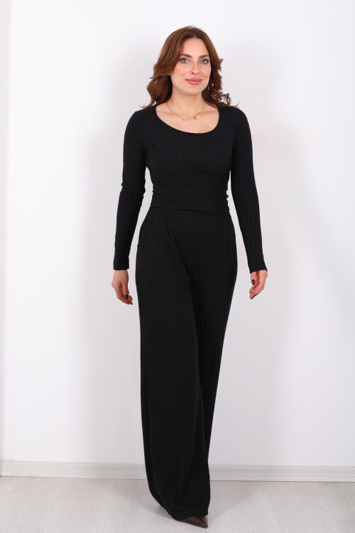 Havuz Yaka Kendinden Fitilli Siyah Kadın Pantolon Takım - 4