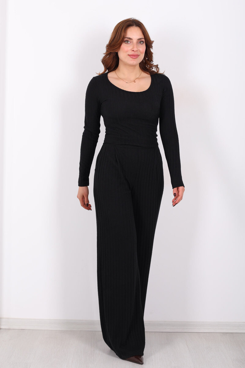 Havuz Yaka Kendinden Fitilli Siyah Kadın Pantolon Takım - 4