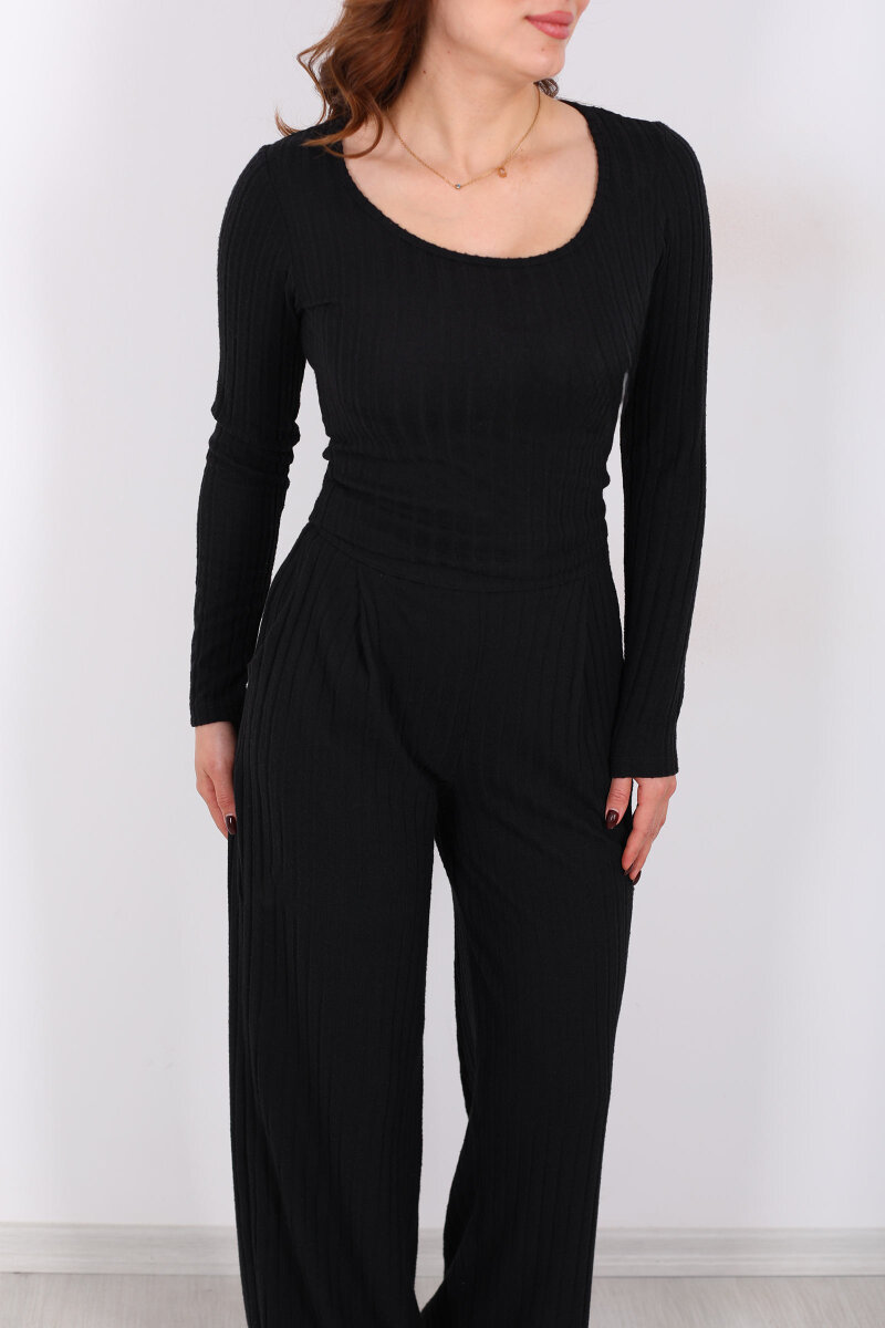 Havuz Yaka Kendinden Fitilli Siyah Kadın Pantolon Takım - 2