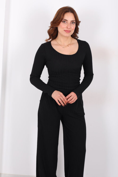 Havuz Yaka Kendinden Fitilli Siyah Kadın Pantolon Takım - 3