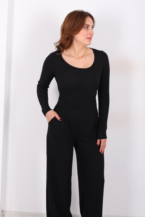 Havuz Yaka Kendinden Fitilli Siyah Kadın Pantolon Takım - 5