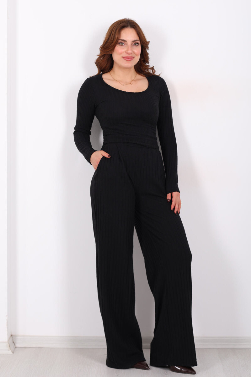 Havuz Yaka Kendinden Fitilli Siyah Kadın Pantolon Takım - 7