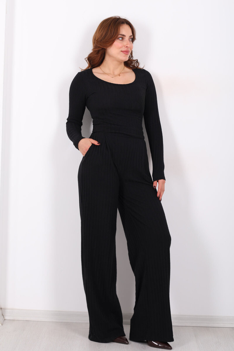 Havuz Yaka Kendinden Fitilli Siyah Kadın Pantolon Takım - 1