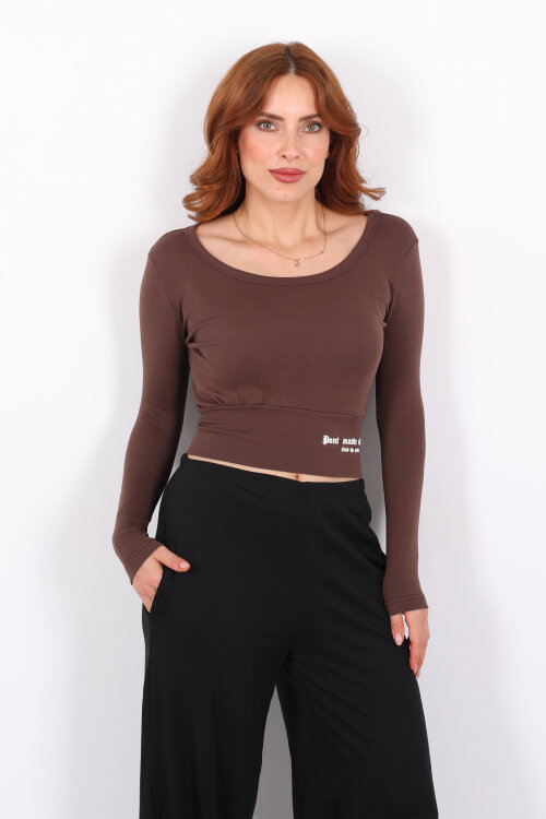 Havuz Yaka Kahverengi Kadın Kalın Kemerli Bluz - 3