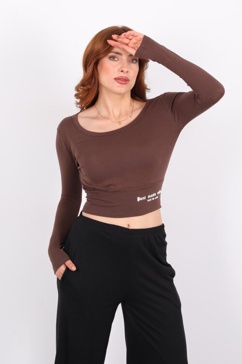 Havuz Yaka Kahverengi Kadın Kalın Kemerli Bluz - Berox