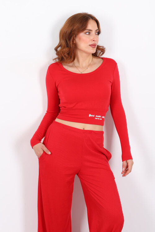 Havuz Yaka Kırmızı Kadın Kalın Kemerli Bluz - 3