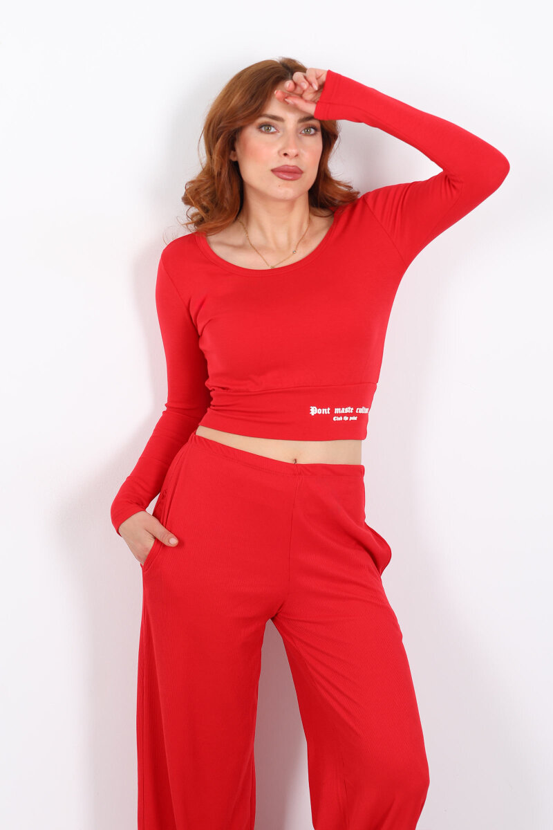 Havuz Yaka Kırmızı Kadın Kalın Kemerli Bluz - 1