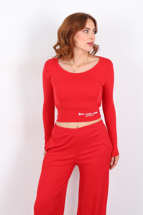 Havuz Yaka Kırmızı Kadın Kalın Kemerli Bluz - 6