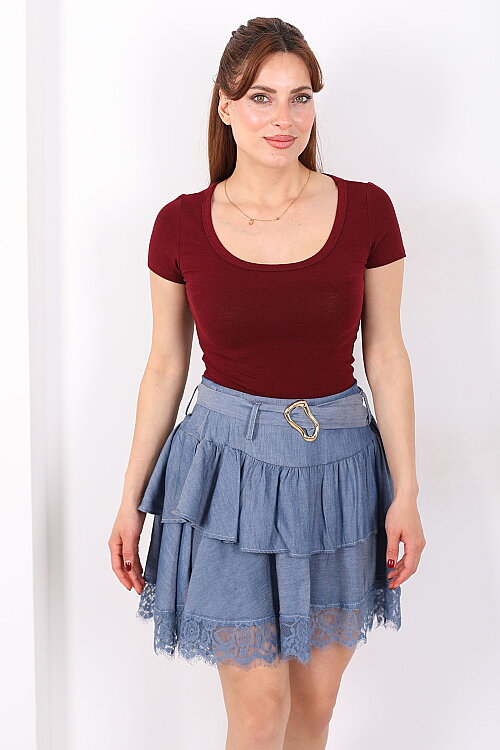 Havuz Yaka Kısa Kol Bordo Kadın Basic Body - 4