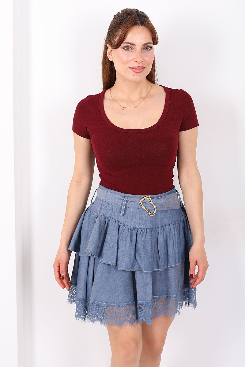 Havuz Yaka Kısa Kol Bordo Kadın Basic Body - 4