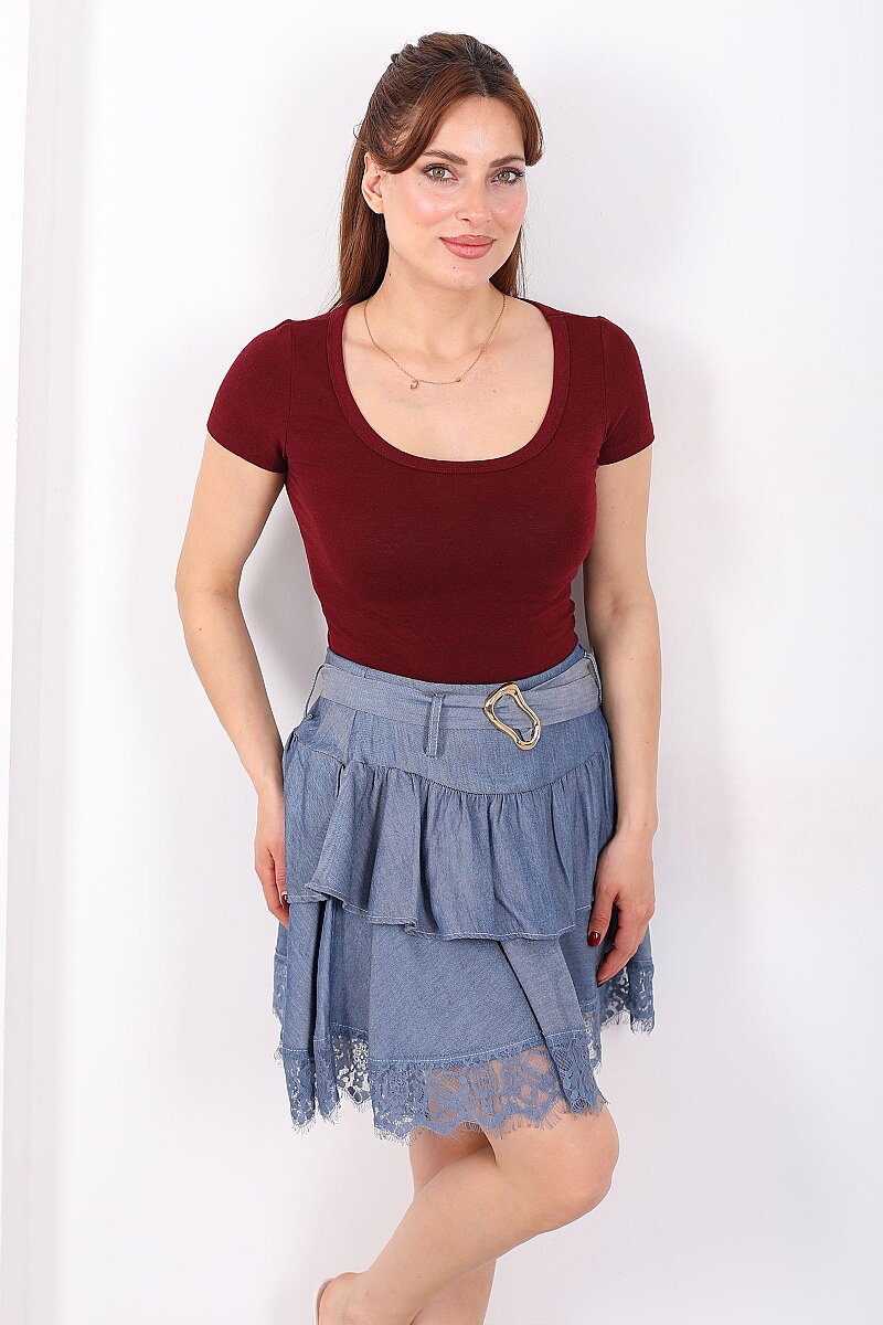 Havuz Yaka Kısa Kol Bordo Kadın Basic Body - 1