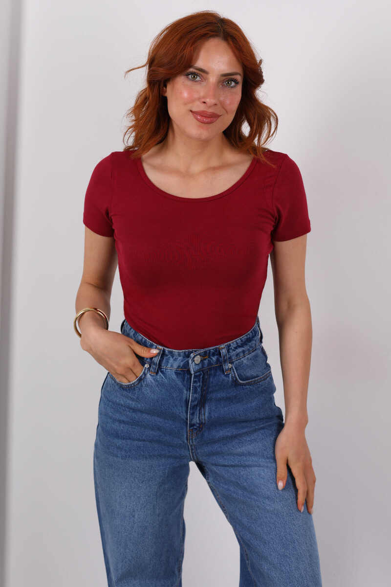Havuz Yaka Kısa Kol Bordo Kadın Bluz - 1