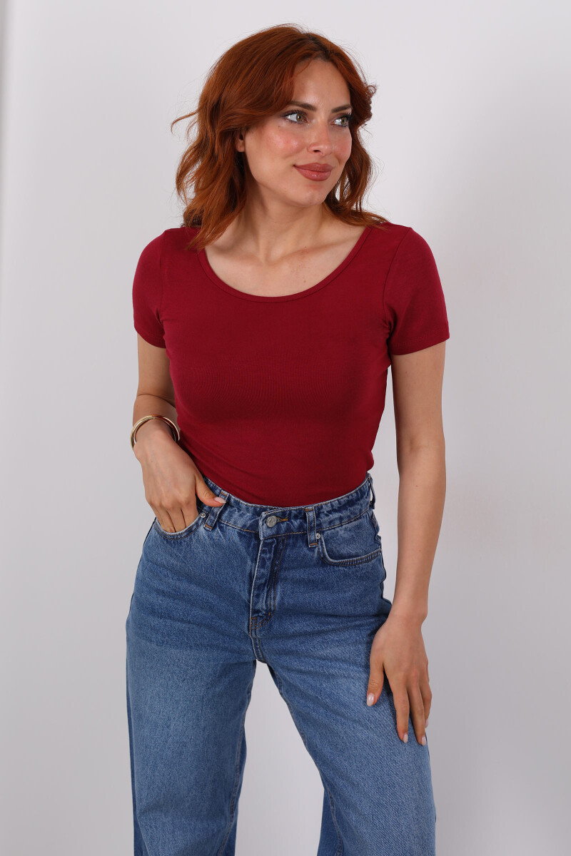 Havuz Yaka Kısa Kol Bordo Kadın Bluz - 3