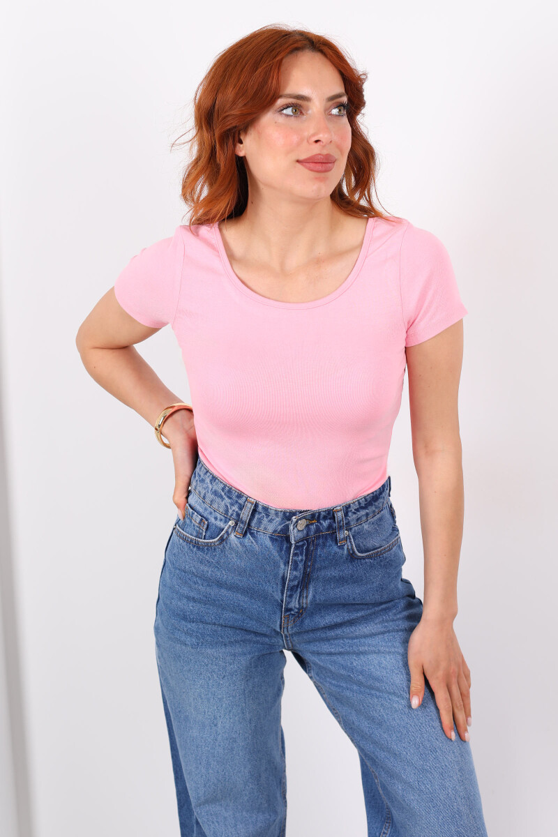 Havuz Yaka Kısa Kol Pembe Kadın Bluz - 3