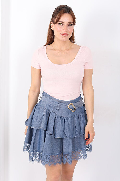 Havuz Yaka Kısa Kol Pudra Kadın Basic Body - 4