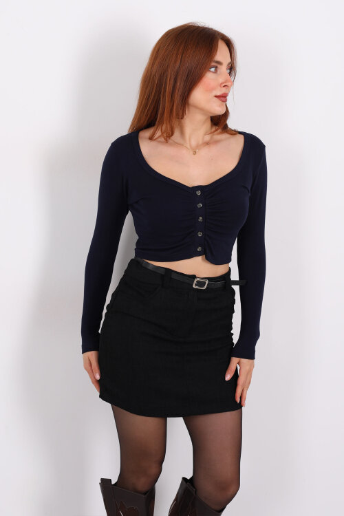 Havuz Yaka Lacivert Kadın Düğmeli Bluz - 6