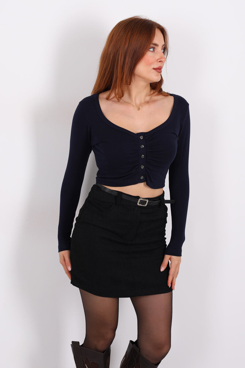 Havuz Yaka Lacivert Kadın Düğmeli Bluz - 6