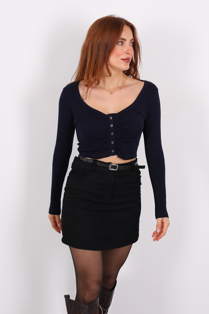 Havuz Yaka Lacivert Kadın Düğmeli Bluz - 4