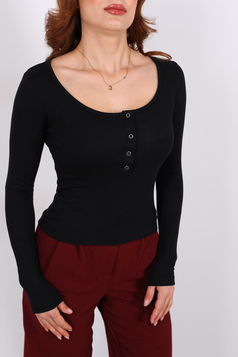 Havuz Yaka Siyah Kadın Patlı Body - 2