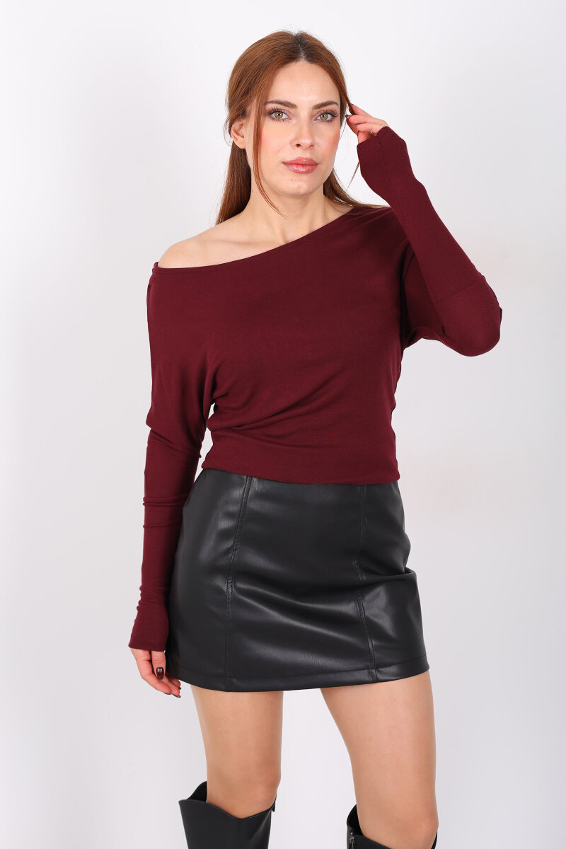 Havuz Yaka Yarasa Kol Bordo Kadın Bluz - 1